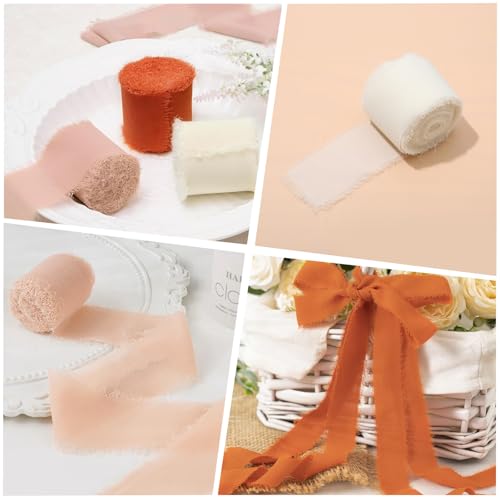 Jortmrd 3 Rollen Chiffonband Geschenkband Chiffon Schleifenband Hochzeit Seidenband Ausfransen Kanten Dekoband Set Stoffband Fransenband für DIY Geschenk Verpackung Brautsträuße (4cm x 5m)
