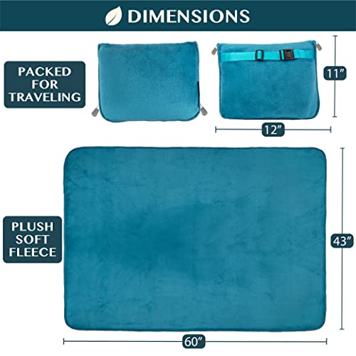 Pavilia Travel Blanket Pillow, Soft Airplane Blanket 2-In-1 Combo Set, Plane Blanket Compact Packable, Flight Essentials Car Pillow, Travelers Gifts Accessories Luggage Backpack Strap, 60X43 Teal Blue #TOP5
