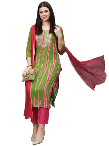 Image of GoSriKi Women's Rayon Blend Straight Printed Kurta with Pant & Dupatta