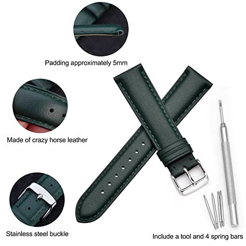 WOCCI 18mm Vintage Leather Watch Band for Men and Women, Silver Buckle (Green) - Thumbnail 4