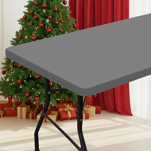 smiry Rectangle Picnic Table Cloth, Waterproof Elastic Fitted Tablecloths for 6 Foot Tables, Washable Polyester Table Cover for Camping, Indoor and Outdoor (Grey, 36"x72")