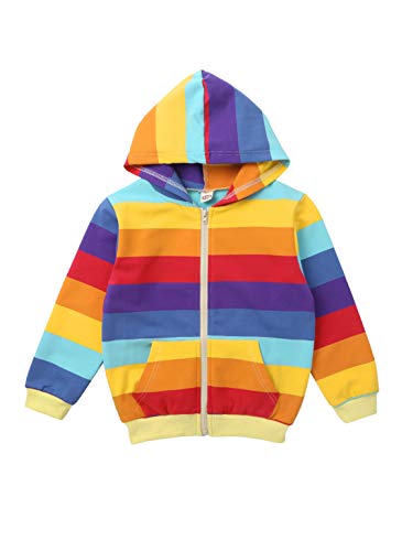 easyforever Girls Cotton Zipper Hoodie Hooded Long Sleeve Rainbow Stripes Print Pockets Cardigan Coat Top3