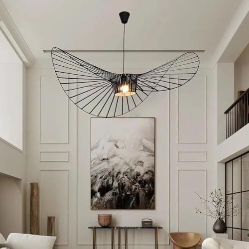 Image of Modern Black Woven Chandelier, 70.86 inch Farmhouse Coastal Hat Pendant Light Fixtures Matte Black Handwoven Shade Boho Pendant Hanging Lamp for Kitchen Dining Room Bedroom Foyer Hallway