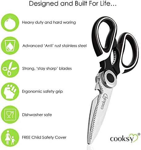 Cooksy® Heavy Duty Sharp Kitchen Scissors for Food | Stainless Steel | Dishwasher Safe | Set with Safety Case | Meat, BBQ, Fish, Pizza Cutter, Vegetables, Herbs, Craft, DIY