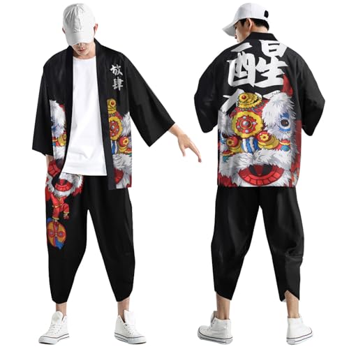 Foweknow Kimono Set Hombre Estampado Japonés 2 Piezas Suelto 3/4 Manga Cardigan Pantalones Chándal Funky Colorido Estampado Nacional Albornoces Baggy Camisón Verano Hawaii Tiempo Libre Dos Piezas, 01