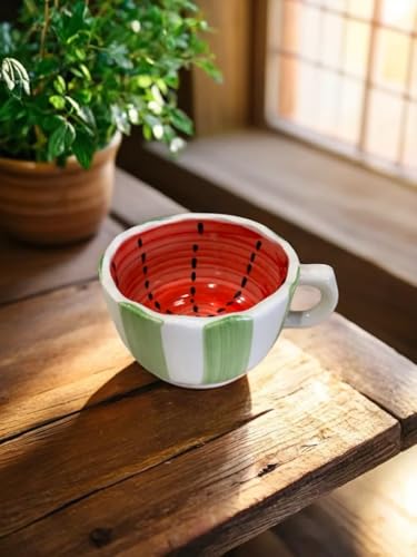 Image of Watermelon Ceramic Coffee Mug | Cute Fruit Design Tea Cup with Handle | Aesthetic Handmade Mug | Microwave & Dishwasher Safe | Gift for Girls, Friends & Summer Drinkware