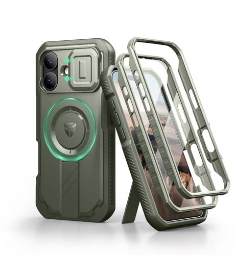 Image of Dexnor for iPhone 17 Case with Slide Camera Cover & Adjustable Kickstand & Built-in Screen Protector, Compatible Wireless Charging, Rugged Cases Heavy-Duty Magnetic Protective Cover, Army Green