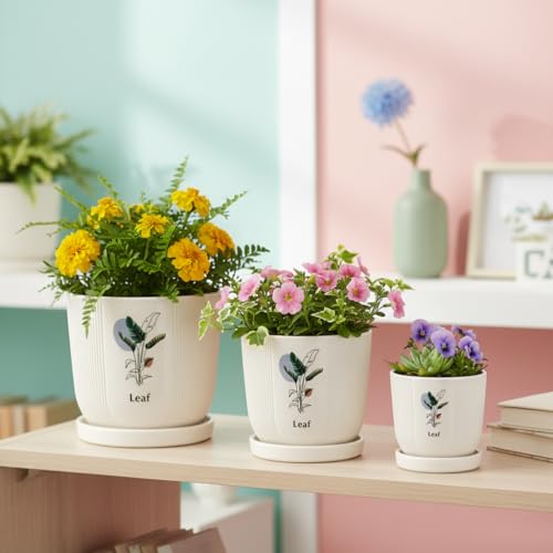 Image of Xtore Refreshing Botanical Ceramic Planter Set with Drainage Saucers | Decorative Planter Pots for Living Room & Modern Plant Display (Set of 3, Ivory Beige - Planters only)