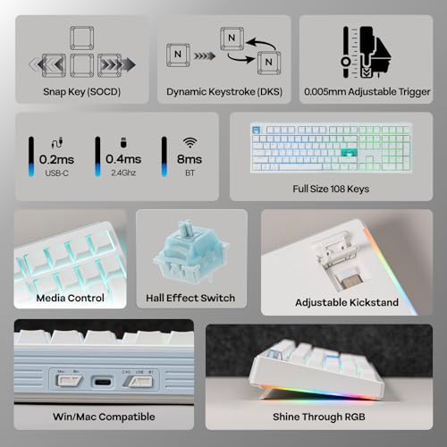 EPOMAKER HE108 Wireless Gaming Keyboard, 8K Polling & 10000mAh, SOCD & DKS, Full-Sized Hall Effect Keyboard with Rapid Triggering, Custom Driver, RGB Backlit, PBT Keycap (White) - Thumbnail 3