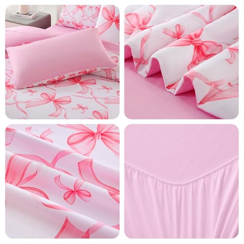 Image of DORCAS Bow Twin Comforter Set for Girls,6 Pieces Bed in A Bag Pink Bow Bedding Sets with Sheets for Kids