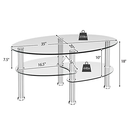 Fantask Tempered Glass Coffee Table, Oval 3-Tier Steel Tea Table W/Spacious Glass Desk-Top, Open Storage Shelf, Modern End Side Table For Home Living Room Office Reception (Clear Glass) #TOP2