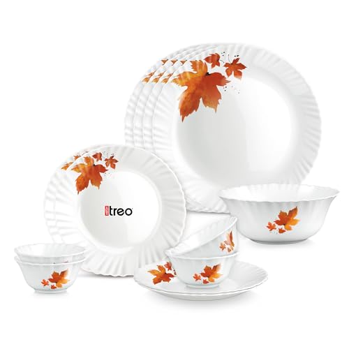 Image of Treo by Milton Opalware Aurelia Mapelle Dinner Set of 13 | Serving for 4 | Microwave & Dishwasher Safe | Bone-Ash Free | Tempered Toughness | Plates & Bowls | Crockery Set for Dining & Gifting