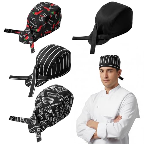 Qnvyw 4er Set Kochmützen mit Motiven - Verstellbare Kochhauben für Gastro & Küche Lustige Hüte für Köche Damen/Herren Ideal als Chef Geschenk