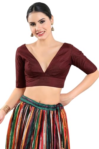 Image of Vamas Women's Silk Padded Self Design Half Sleeve Readymade Saree Blouse (X-1111.ELB)