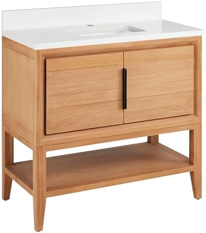 Signature Hardware 955226-36-rumb-1 Aliso 36" Console Teak Single Basin Vanity Set with Cabinet, Vanity Top, and Rectangular Undermount Sink - Single Faucet Hole - Natural Teak/Arctic White
