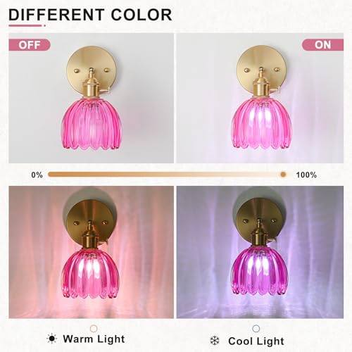 Image of Hardwired Wall Sconce Light, Vintage Wall Sconce with Switch, Gold Wall Light Fixture with Tulip Ruby Red Glass Lampshade, Indoor Wall Light for Bedroom Bathroom, Bedside Wall Lamp