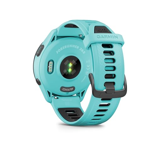 Garmin Forerunner 265 - Montre GPS de Running avec écran AMOLED - Blanche avec Bracelet en Silicone Turquoise/Noir - Boîtier 46 mm