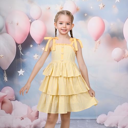Sunny Fashion Girls Dress Spaghetti Gingham Ruffle Light Yellow Plaid Casual2
