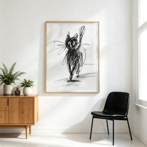 Décoration murale abstraite chat noir sur toile avec cadre 60x90