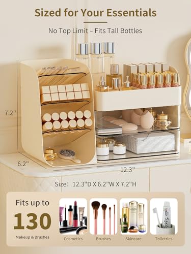 Image of Booklov Small Makeup Organizer for Vanity and Bathroom Countertop, Cream | Clear Acrylic Cosmetic Display Case, Beauty Brush Holder for Dresser Counter Skincare Eyeshadow Lipstick Perfume Storage