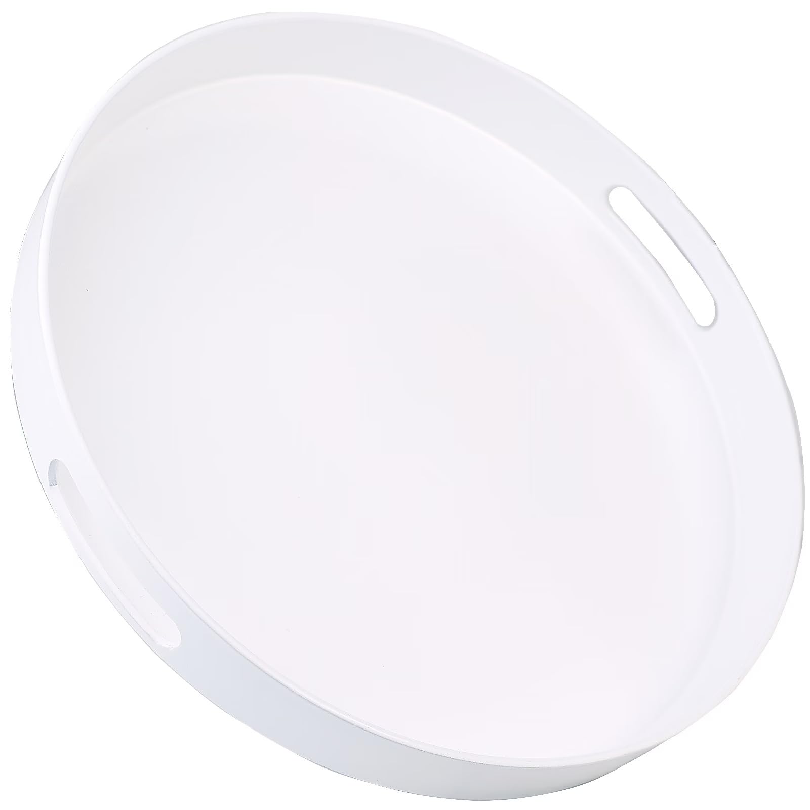 Round White Decorative Serving Tray with Handles, 13” Versatile Ottoman Tray for Coffee Table, Entertaining, Outdoor Patio, Living Room
