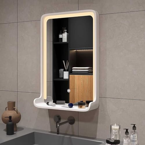 Led Bathroom Vanity Mirror Wall Mounted Wood Square Makeup Mirror Dimmable Three-Color Lighting for Entryway Bedroom Bathroom Living Room(White)