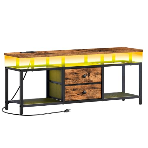 YATINEY TV Stand with LED Light and Power Outlets, Entertainment Center with Fabric Drawers and Open Shelves, 41.7" TV Cabinet for TVs up to 45 Inch, Media Console for Living Room, Brown DS03UDBR