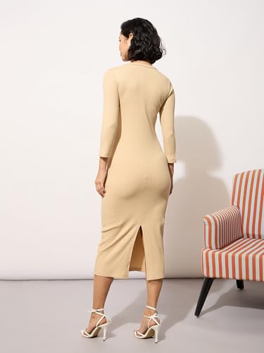 Image of barcino Black Rib Mock Round Neck Midi Dress