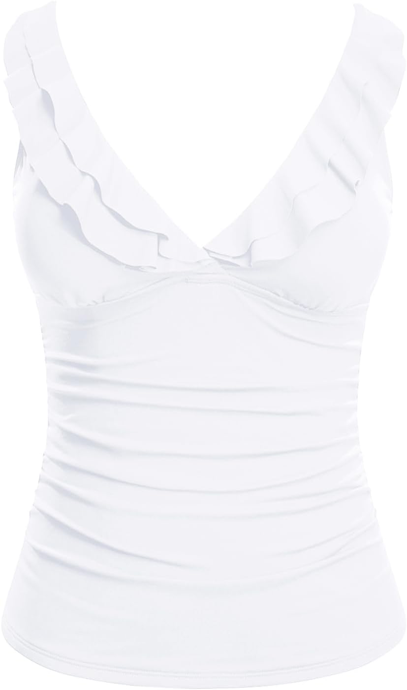 Women's Tankini Top Only Tummy Control Bathing Suit Top Ruffle Swimsuit Top V Neck Swim Tank Top No Bottom