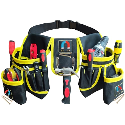 Sneulletoys Tool Belts Pouch for MenHeavy Duty Tool Pouch Belt with 26 Pockets and a Hammer Holder Detachable Adjustable Magnetic Professional Work Tool Belt for Electricians Carpenters Builders