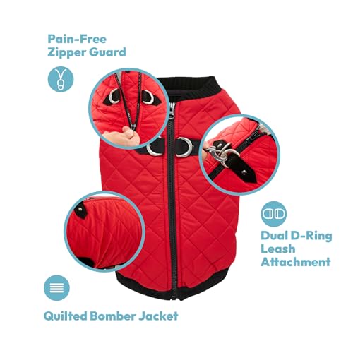 Image of Gooby Fashion Vest Dog Jacket, Orange, Small | Quilted bomber, water-resistant; Stretch knit bottom; Dual D-ring leash; Pain-free zipper guard; Warm