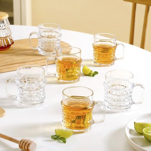 Image of Nestasia Transparent Glass Tea Cups Set of 6 (165ml Each) - Dishwasher Safe & 100% Food Safe Coffee Cups with Handle for Coffee, Tea, Hot & Cold Beverages | Geometric Embossed Design