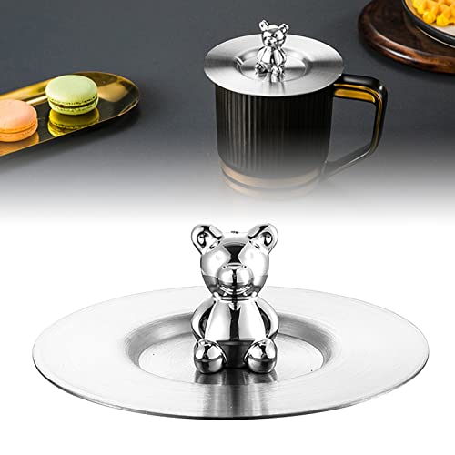 Edelstahl Tassendeckel, 10,5cm Süße Bärenform Tasse Deckel Glänzende Oberfläche Rund Metall Auslaufsicher Becher Abdeckung für Kaffee, Wein, Tee, Getränke(Silber)