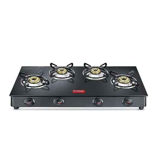 Prestige Magic plus Toughened Glass-Top(Long)4 Brass Burner LPG Gas Stove (GTMP-04L)| Black Spill Proof Design | Ergonomic Knob | Tri-Pin Burner