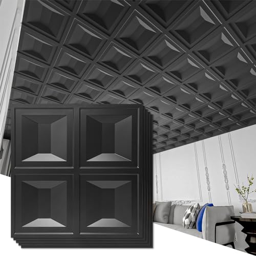Art3d Drop Ceiling Tiles 24x24, 12 Sheets PVC Decorative Glue up Ceilng Panels 2x2, Black