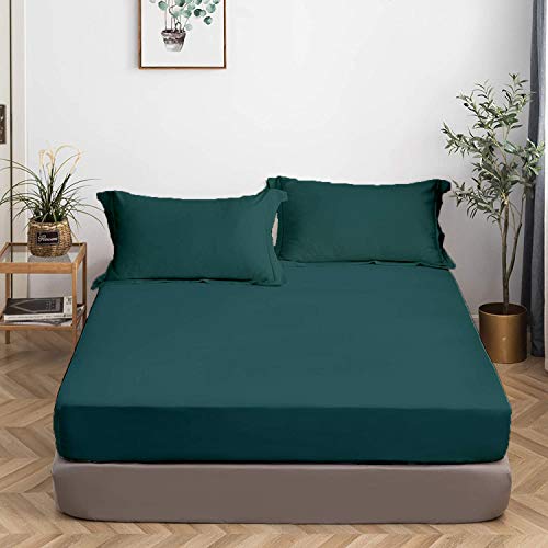 Image of All Around Brushed Microfiber Double Bed Fitted Sheet - (72 x 78) Inches - 12'' Deep Pocket Elastic Fitted Bedsheet + 1 Pillow Cover 400 Series Extra Soft & Easy Fit - Teal Blue