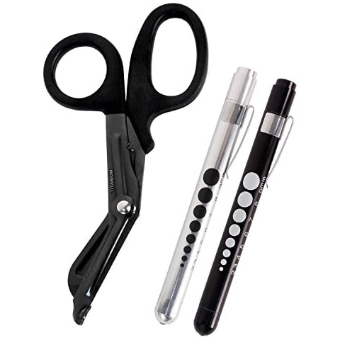 MediTac Titanium-Bonded EMT Trauma Shears – 7 ¼” Black Medical Bandage Scissors with LED Pen Light Two Pack - Autoclavable (Black & Silver) Cover