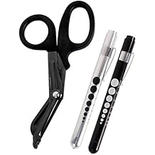MediTac Titanium-Bonded EMT Trauma Shears 7 14 Black Medical Bandage Scissors with LED Pen Light Two Pack - Autoclavable Black & Silver