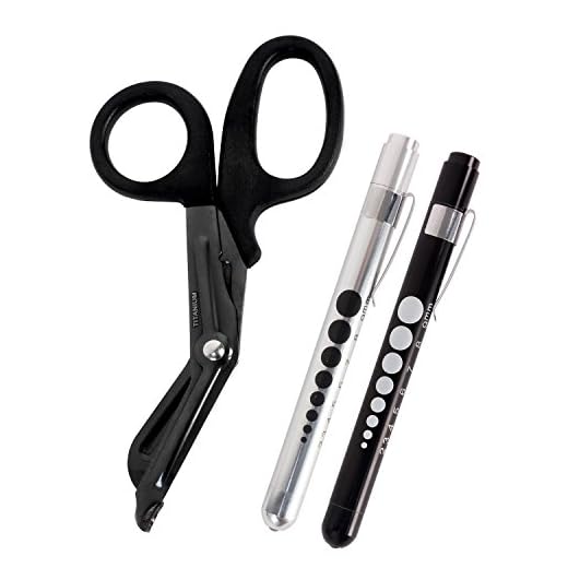 MediTac Titanium-Bonded EMT Trauma Shears – 7 ¼” Black Medical Bandage Scissors with LED Pen Light Two Pack (Black & Silver)