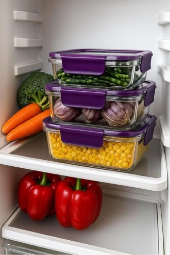 Image of Storescent Airtight Fridge Storage Containers Set of 3 | BPA-Free Plastic Kitchen Boxes for Pulses, Grains, Cereals, Dry Fruits | Pantry Organizer | 300ml, 800ml, 1200ml (Purple (Set of 3))