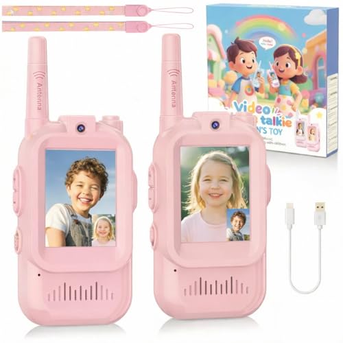 Walkie Talkie Infantil com Vídeo e Tela LCD, Par Recarregável, Alcance 500m, Modificador de Voz, Cordão Anti-Perda, Brinquedo Interativo para Crianças e Aventuras ao Ar Livre (Par Rosa)
