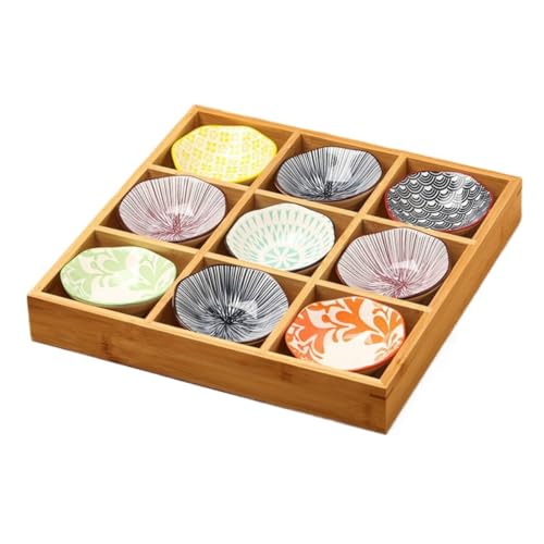 Glaucus 小皿セット 和風 9点セット 陶器 仕切り付き 深型 竹トレイ付き 前菜皿 盛り鉢 醤油皿 小鉢 和食器 セラミック 火鍋 焼肉 寿司 食洗機対応 天然木 調理器具 (南筑9グリッド+9个荷口皿,32.5*32.5*5CM)