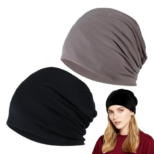 UIEXEA 2 Pcs Gorro Slouchy, Pañuelos Oncologicos, Quimio Cáncer Algodón Sombrero para la Cabeza Gorro, Gorros Oncológicos y Turbantes para Mujer, Nudo Pre Atado Suave Pañuelo de Cabeza Plisada