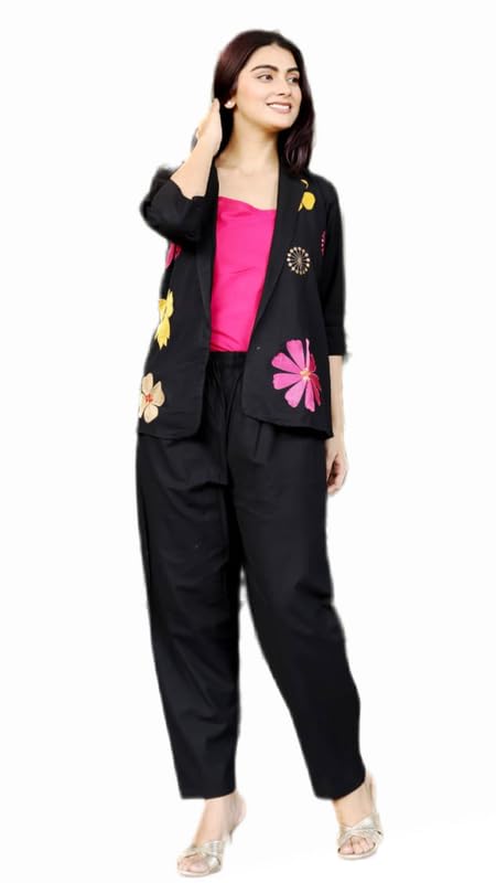 Women’s Black Floral Embroidered Jacket Style Top with Pink Inner & Black Pants Set – Modern Indo Fusion 3 Piece Ethnic Outfit for Parties Casual Outings