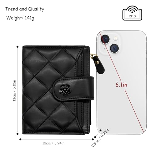 LJCZKA Women Wallet Vegan Leather RFID Card Holder Small Bifold Zipper Pocket Short Wallet Coin Cash Purse with ID Window (Black)2