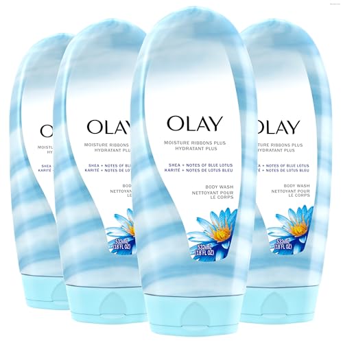 Olay Body Wash for Women, Moisture Ribbons Plus, Deep Conditioning & Moisturizing Formula, Long Lasting Smooth Soft Skin, For All Skin Types, Shea Butter & Blue Lotus Scent, 18 fl oz (Pack of 4)
