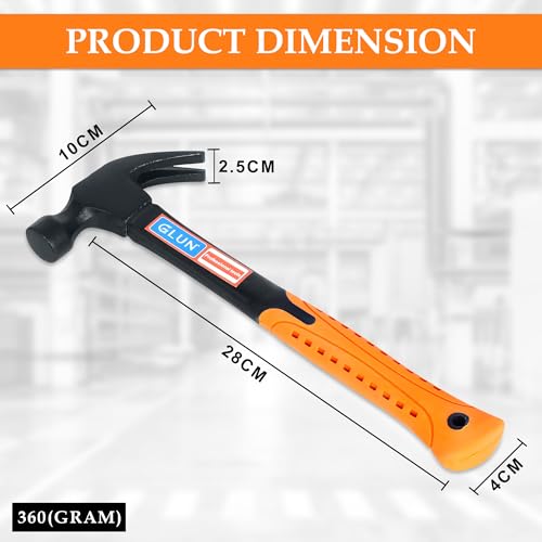 Image of GLUN Claw Hammer, Fiberglass Mallet with Comfort Grip Handle, Camping Long Claw Hammer, Stubby Tack Hammer for Driving