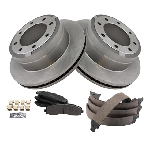 Image of TRQ Rear Brake Pad & Rotor Kit Parking Brake Shoe Set Semi-Metallic Compatible with 2013-2021 Ford F-250 Super Duty F-350 Super Duty