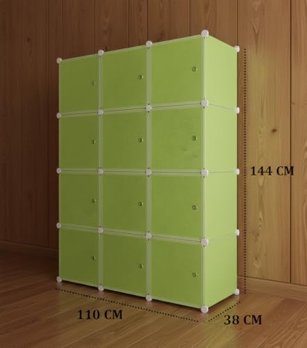 Image of KRISHYAM Kids Modular Storage Cabinet with anging Rail,12 Cube Plastic Wardrobe Organizer, DIY Closet System with Hanging Rod, Toy & Clothes Storage (Green Plain, 12 Box)