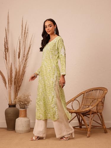 Image of Ada Women's Cotton Straight Fit Straight Hand Embroidered Lucknowi Chikankari Kurta Kurti A411378